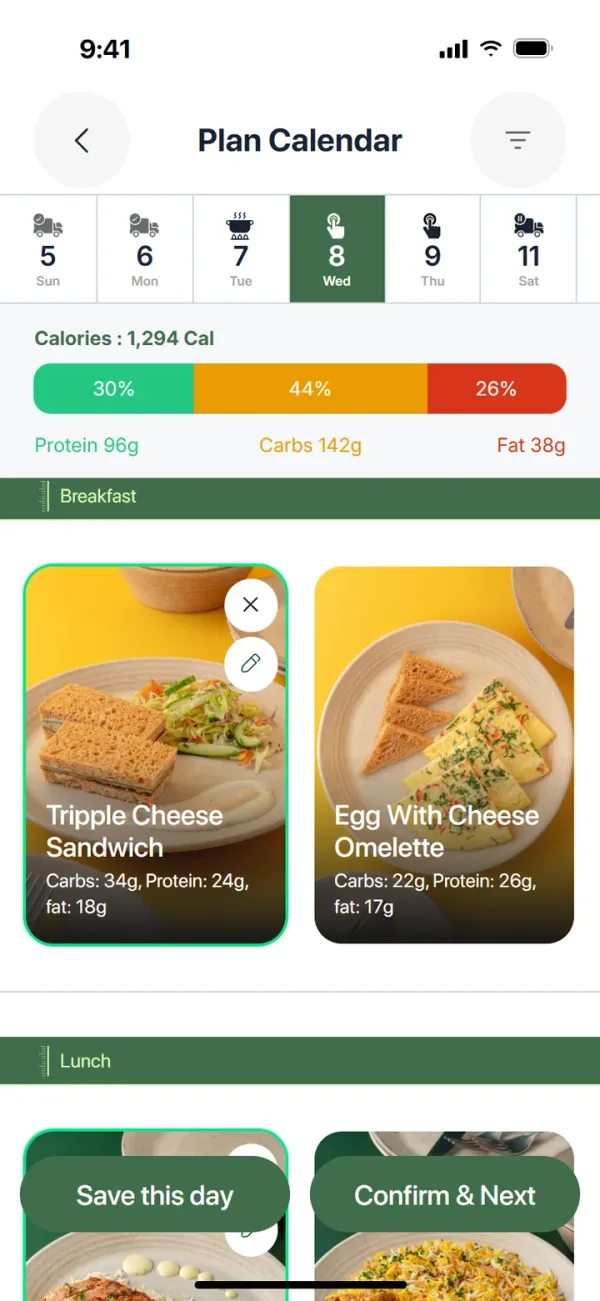 Every day has a state: select meal, selected, preparing, delivered or frozen.