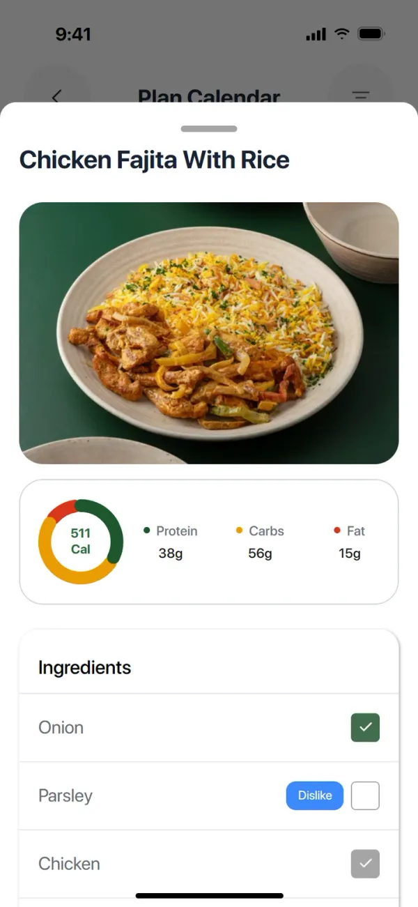 Macros and ingredients up front, with anything on the dislike list flagged.