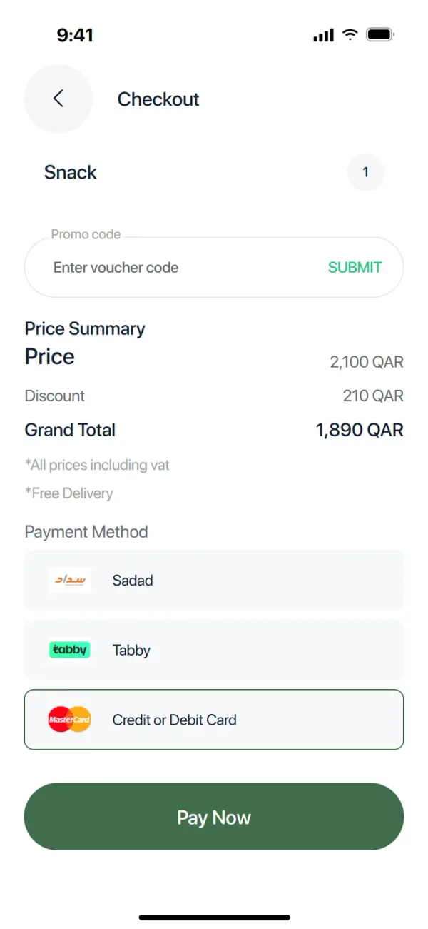 Local payments, hosted securely: Sadad, Tabby or card.