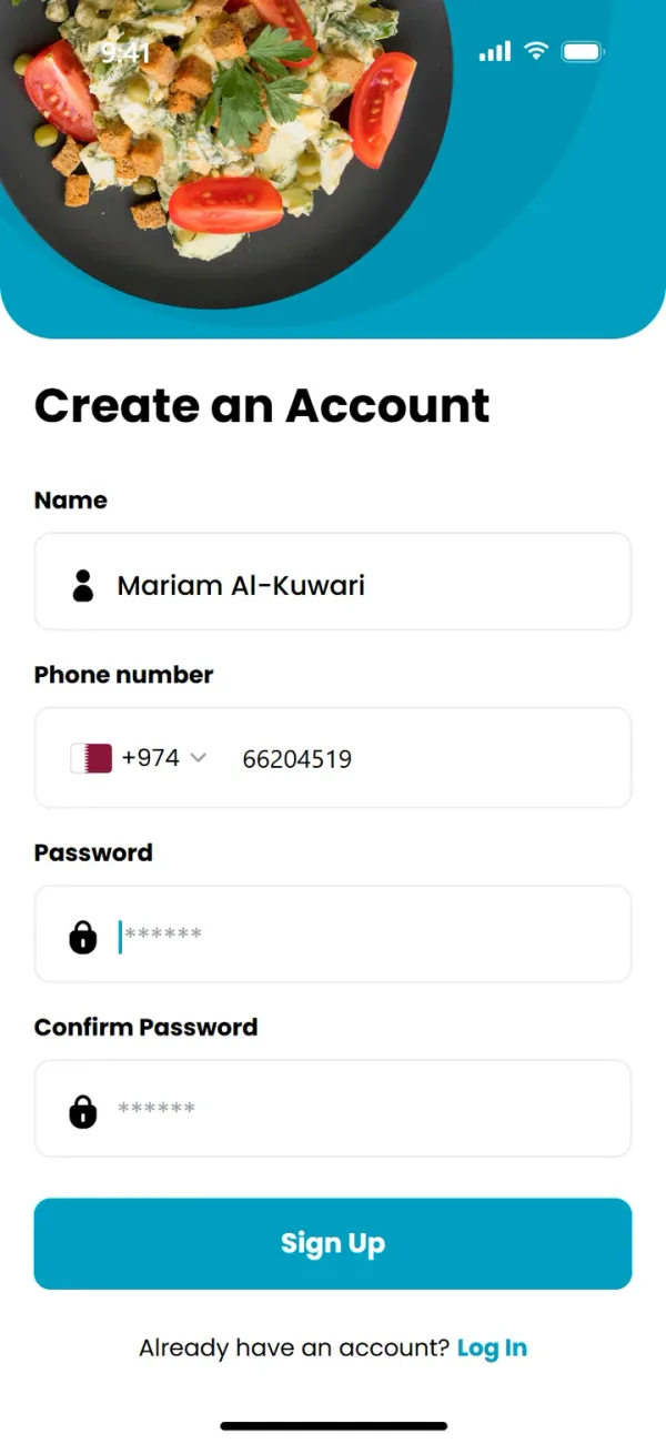 Sign up: name, phone and password, with the hero photo carrying the brand.
