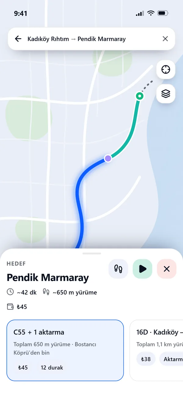 A planned trip with its transfers, walking legs, fare and duration. Not just a line on a map.