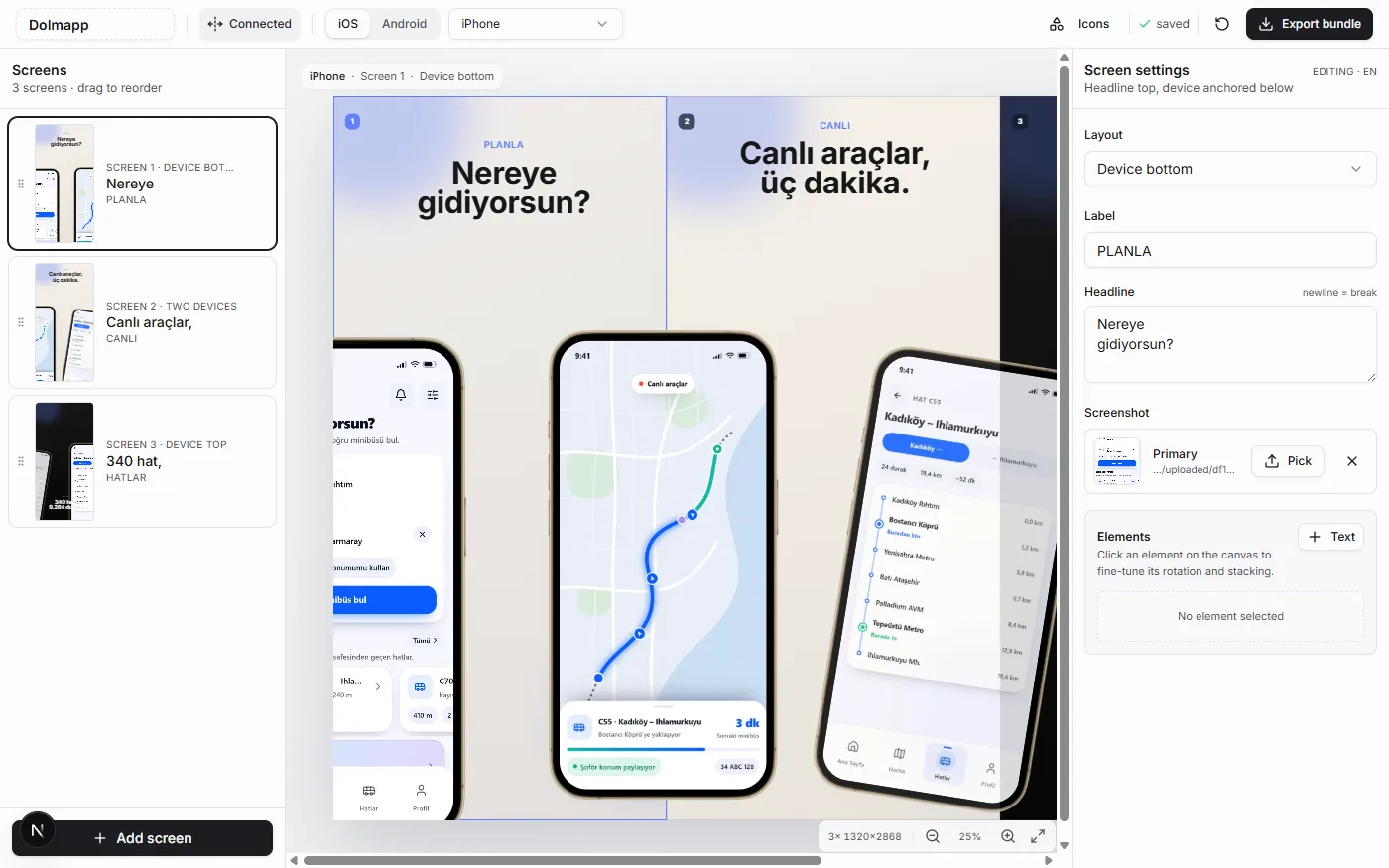 The editor: screens on the left, canvas in the middle, per-slide settings on the right.