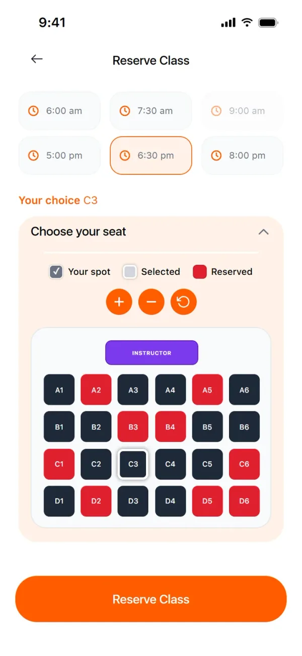 Pick your bike, not just your class. The seat map is drawn from the studio's real layout.