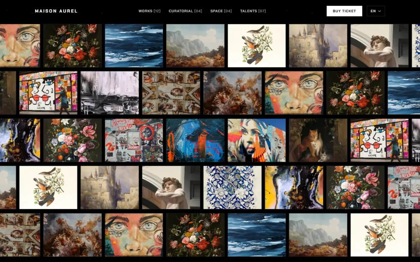 The collection wall: five rows of works in motion.