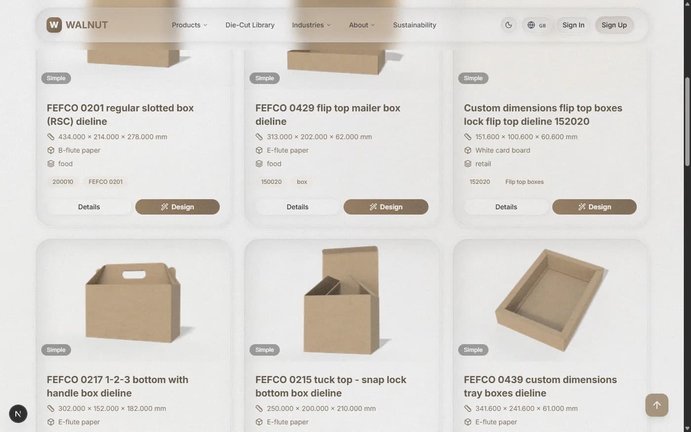 FEFCO-coded dielines with real dimensions, board and industry. Each one opens in the studio.