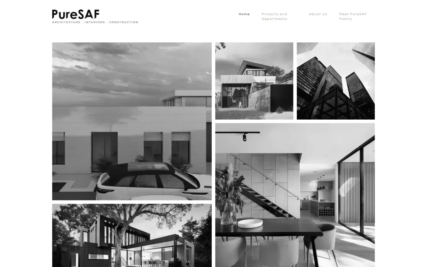 Direction A: a grayscale masonry wall that turns a mixed portfolio into one calm body of work.
