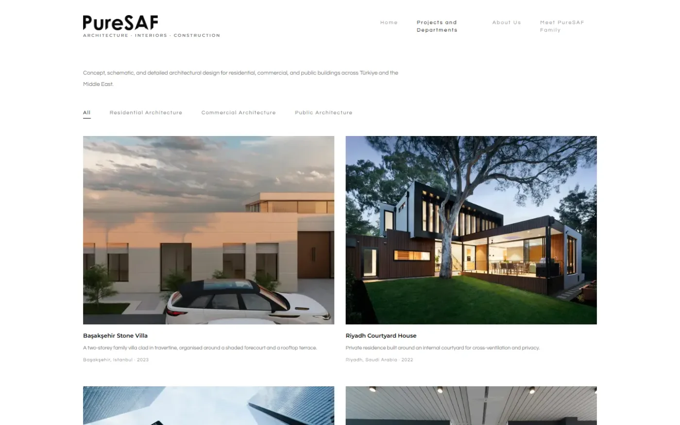 Projects live inside departments, with category filters, mirroring how the practice is organised.