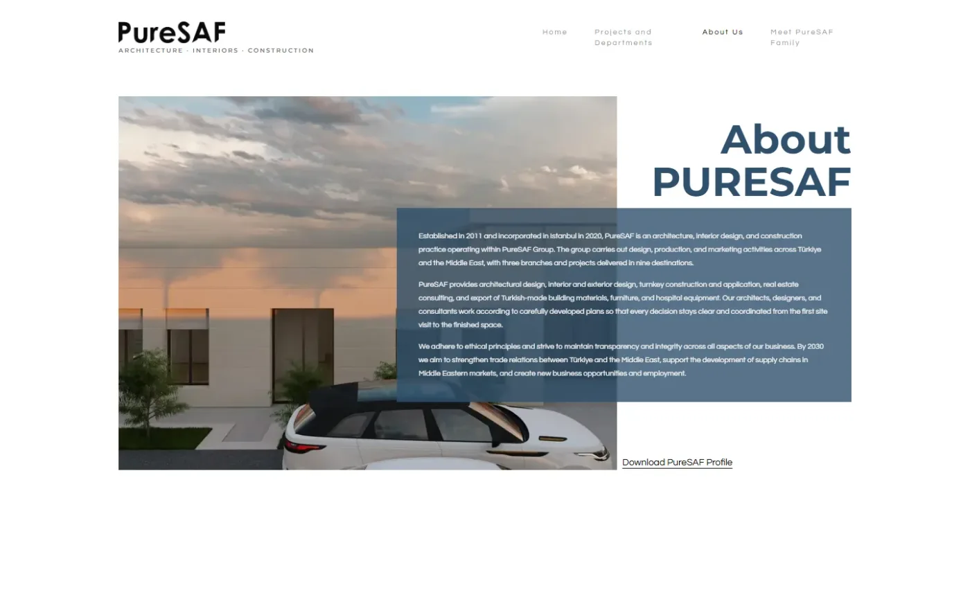 About: the headline overlaps the render and the text sits on a translucent steel-blue panel.